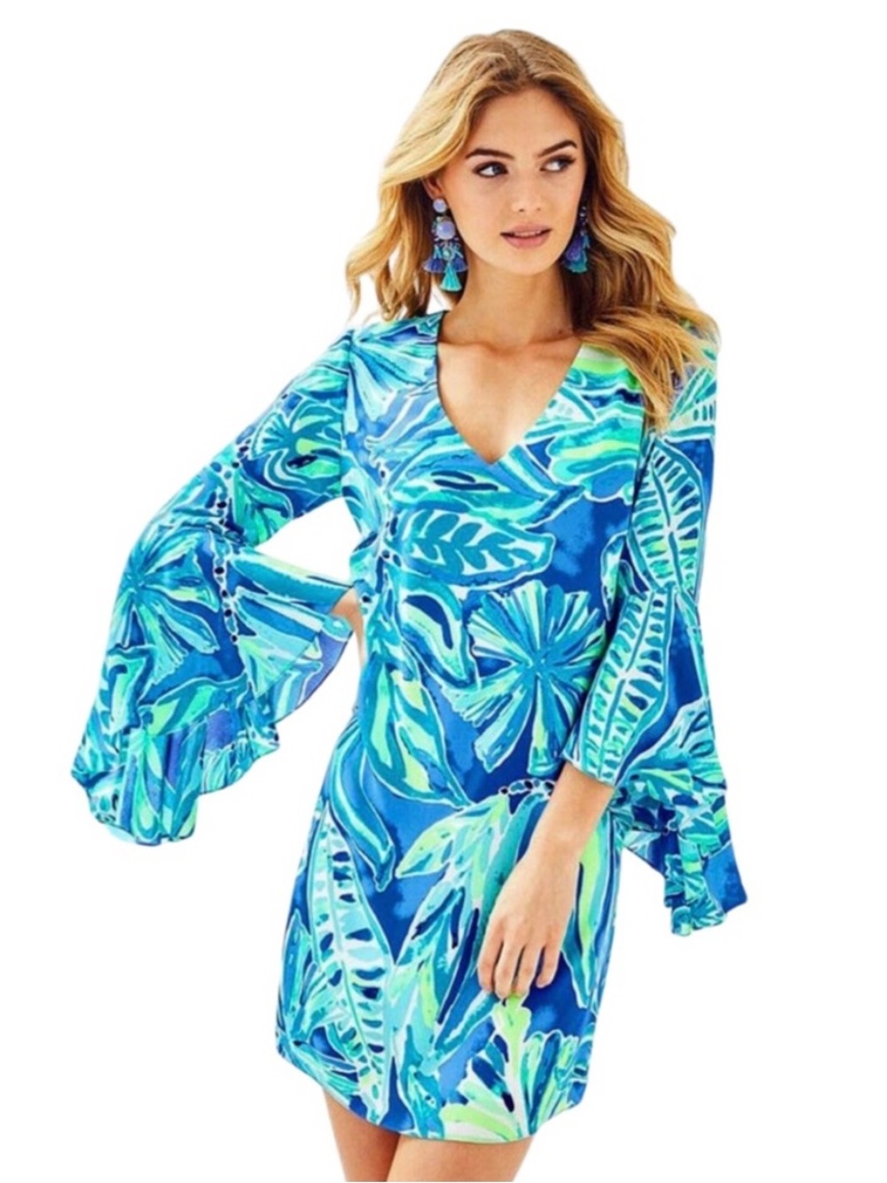 Lilly Pulitzer Rosalia Beckon Blue Palm Passage Crepe Dress Bell Sleeve Size 4